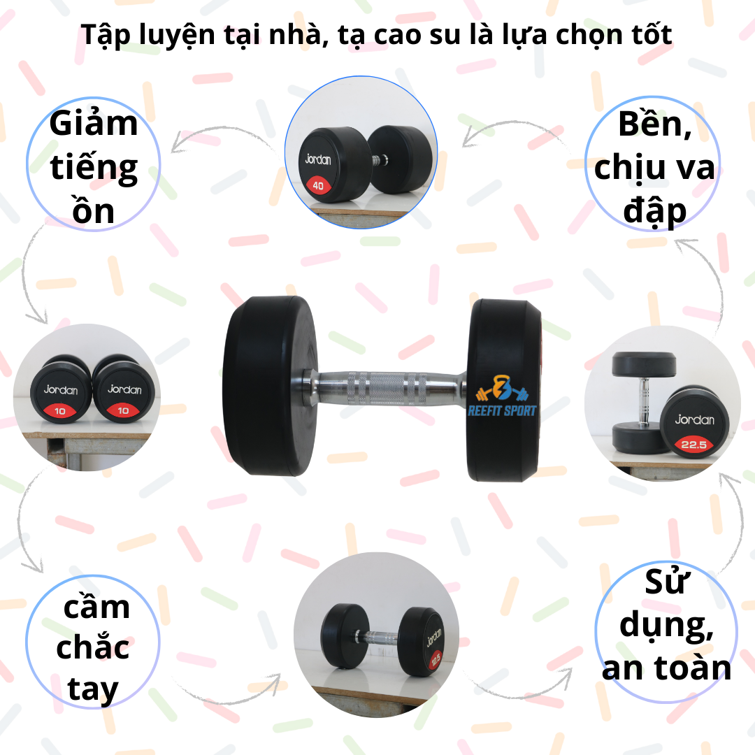 Tạ Tay Cao Su Jordan Cao Cấp 2.5KG - 40KG ,Tay Cầm Mạ Inox – Hàng Nặng Chuẩn, Bền Đẹp