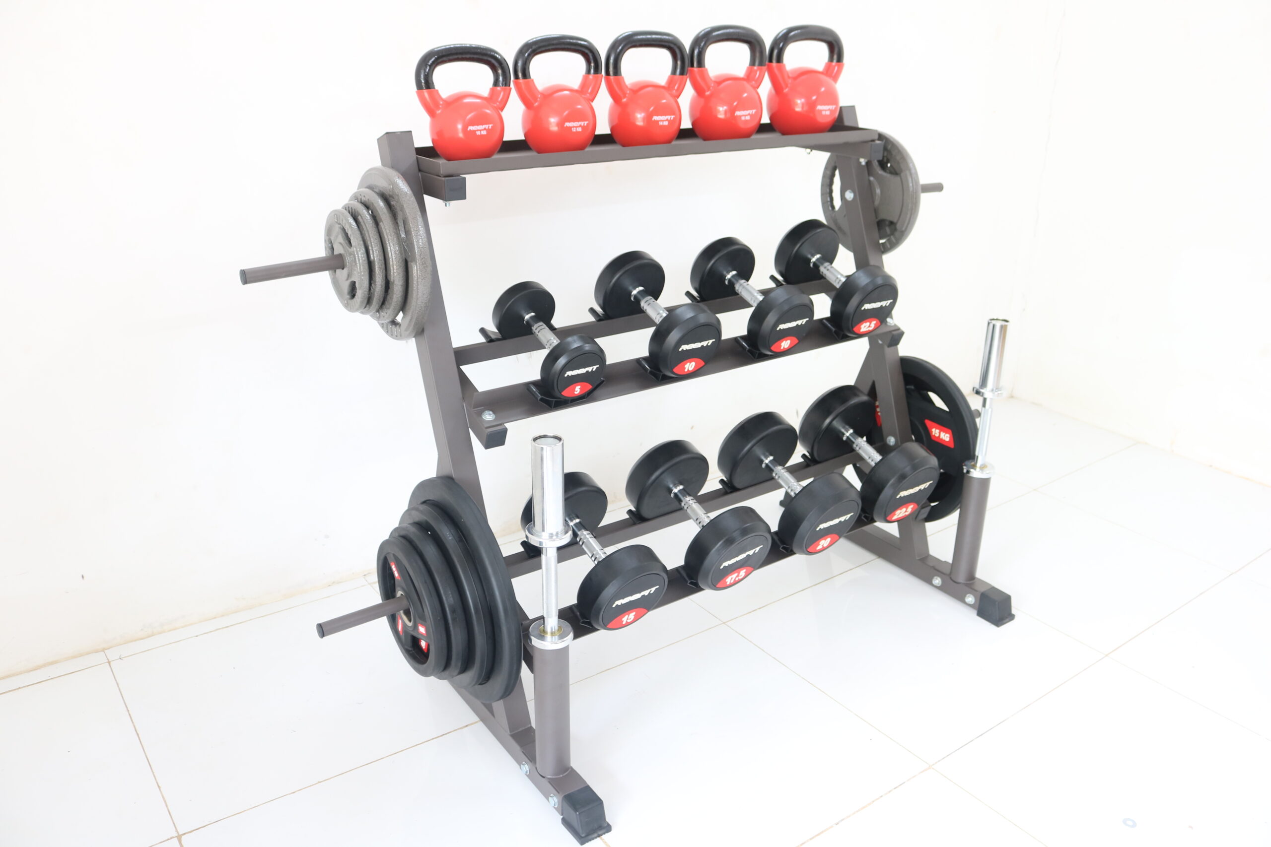 Giá Kệ Để Tạ 3 Tầng RF-201104 – Giá Đựng Tạ Tay, Tạ Bình Vôi Kettlebell, Đĩa Tạ Và Đòn Tạ