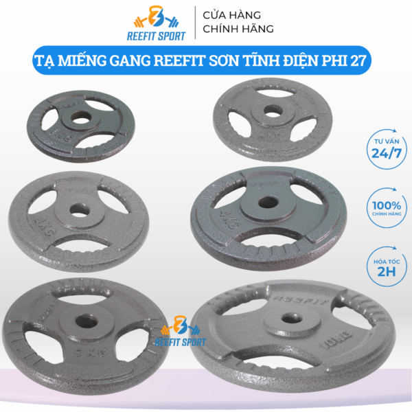 Tạ Miếng Gang, Đĩa Gang Tĩnh Điện Phi 27 Reefit - Dùng Cho Tạ Đơn, Tạ Đòn,Máy Tập Đa Năng (Chuẩn KG)