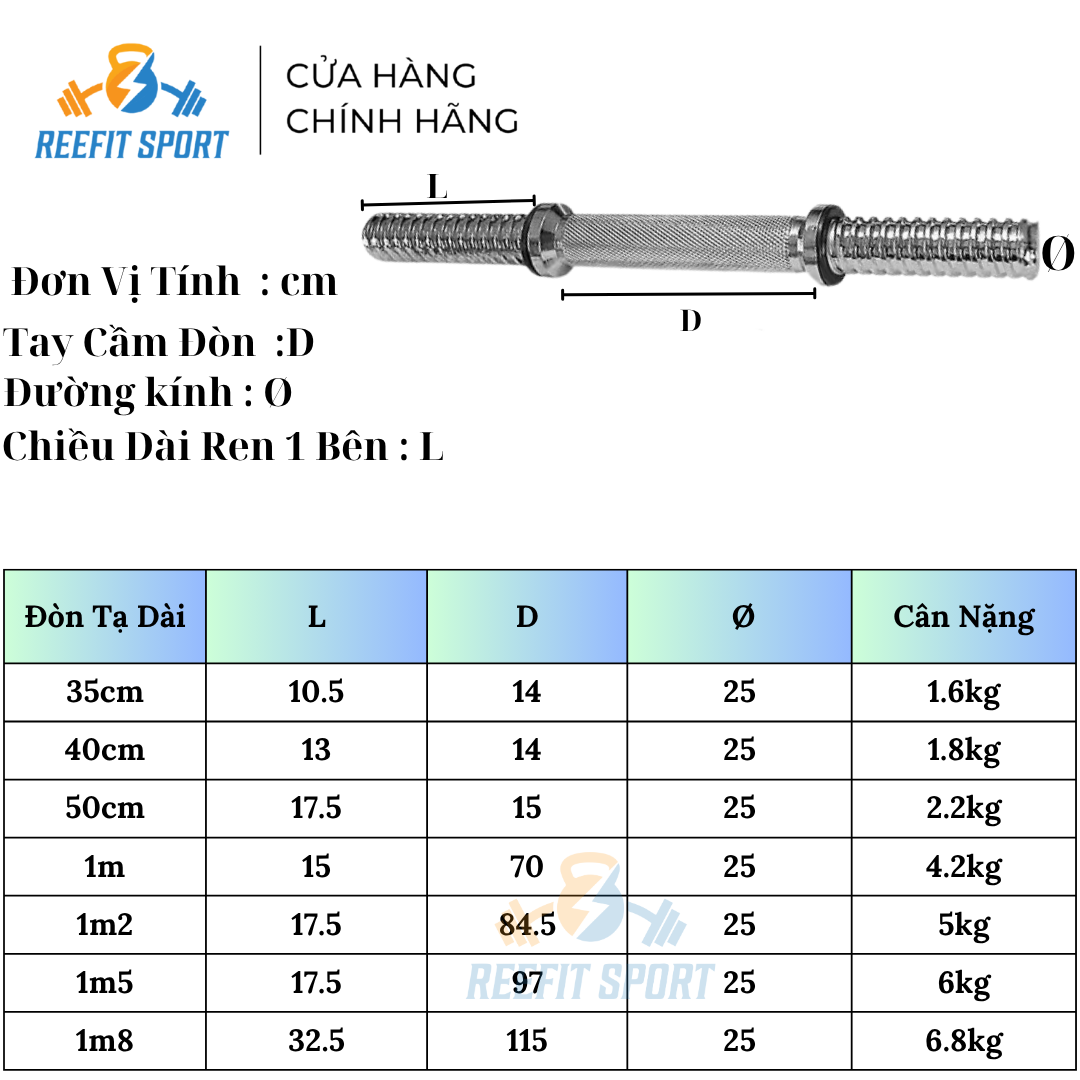 Đòn Tạ Tay Ngắn Mạ Inox Cao Cấp 35/40/50cm - Ren Vặn An Toàn, Chịu Lực Cao ( Kèm Khóa Đòn )