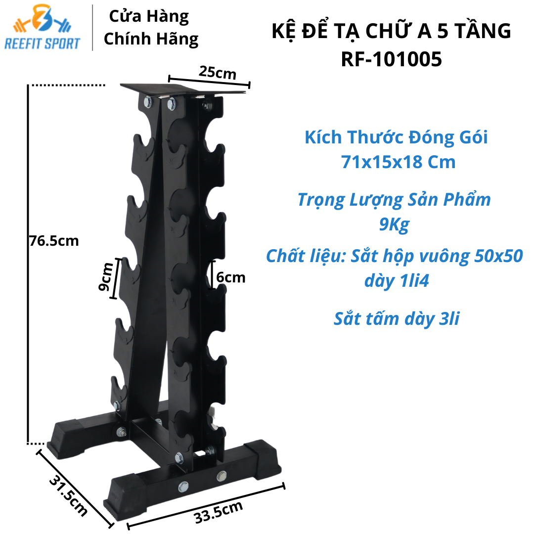 kích thước Kệ để tạ tập gym chữ A 5 tầng 